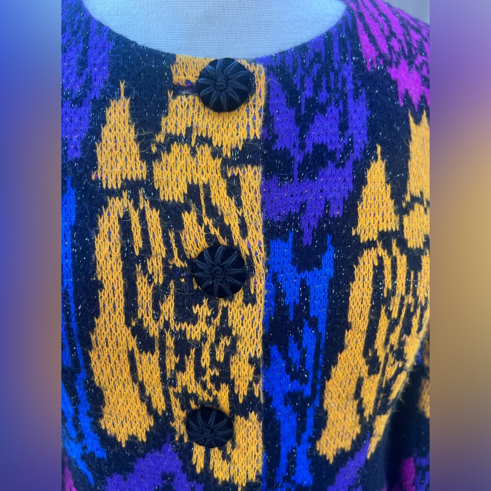 Vintage 80s knit New Wave cardigan sweater lined neon colors Sz M - Picture 6 of 12